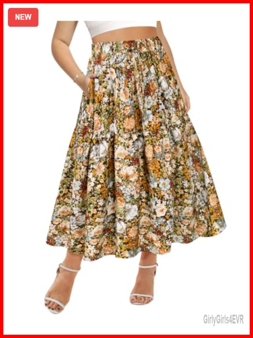 Plus Size Boho Maxi Skirt Elastic High Waist Pleated A-Line Tiered with Pockets